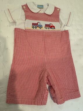 Red Gingham Truck Smocked Shortall And Matching Collared Shirt- Size 24m